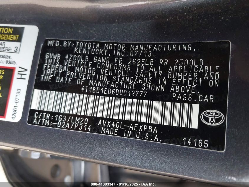 VIN 4T1BD1EB6DU013777 2013 Toyota Avalon, Hybrid Li... no.9