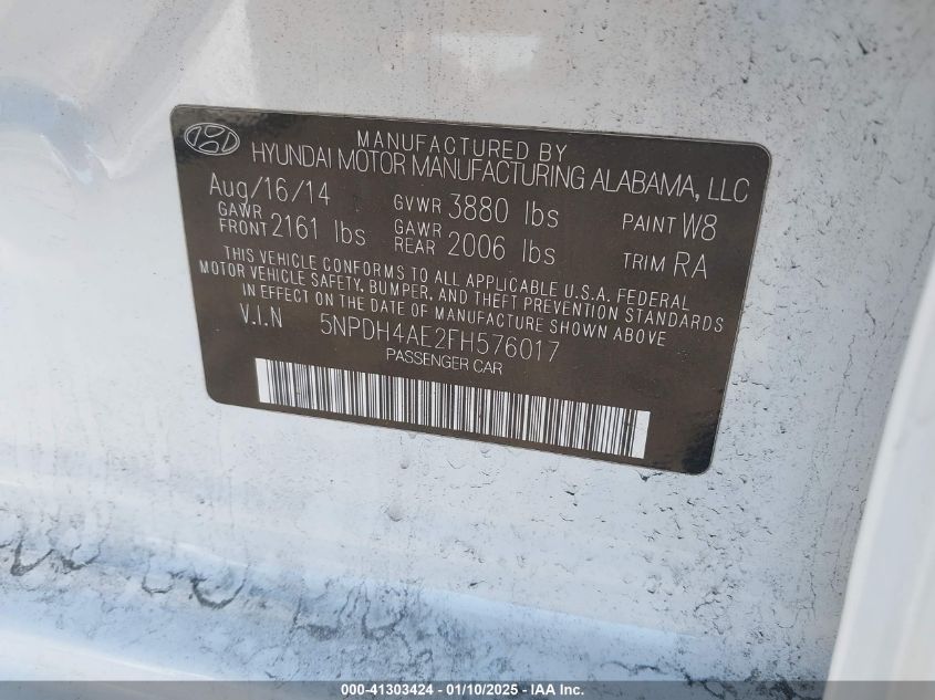 VIN 5NPDH4AE2FH576017 2015 HYUNDAI ELANTRA no.9