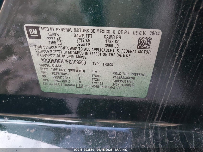 2015 CHEVROLET SILVERADO 1500 VIN: 3GCUKREH7FG109509
