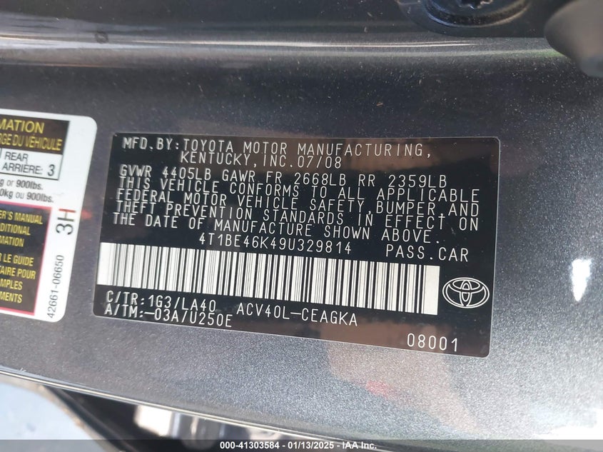 2009 TOYOTA CAMRY VIN: 4T1BE46K49U329814