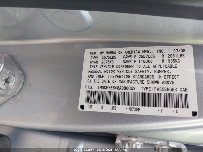 2008 HONDA ACCORD VIN: 1HGCP36848A088842