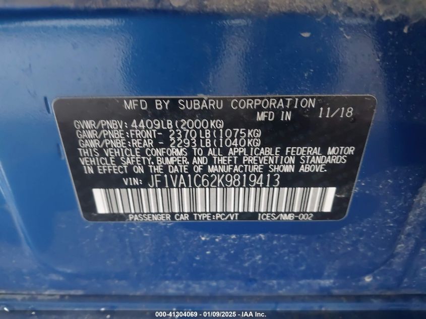 2019 Subaru Wrx Premium VIN: JF1VA1C62K9819413 Lot: 41304069