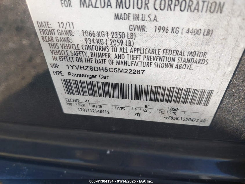 2012 MAZDA MAZDA6 VIN: 1YVHZ8DH5C5M22287