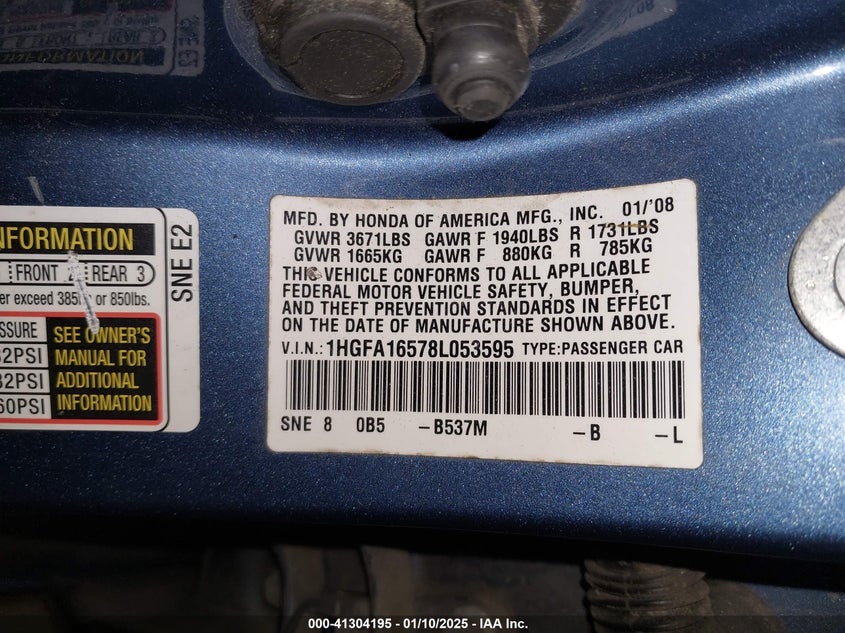 2008 HONDA CIVIC SDN VIN: 1HGFA16578L053595