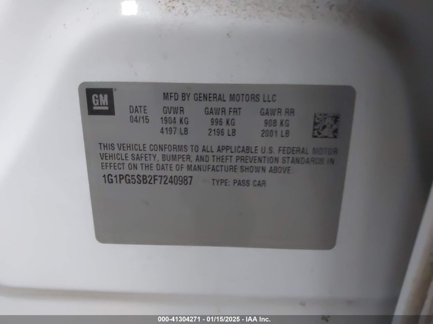 2015 CHEVROLET CRUZE VIN: 1G1PG5SB2F7240987