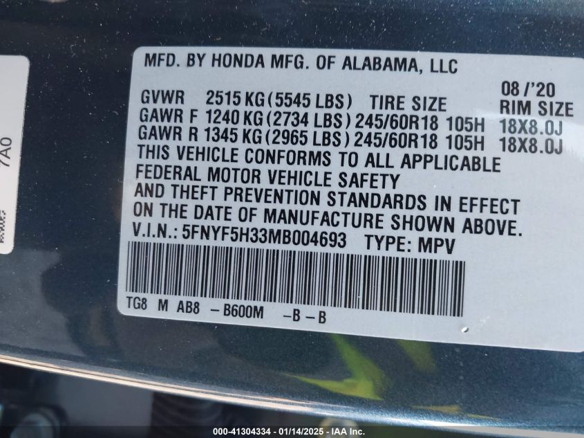 2021 Honda Pilot 2Wd Ex VIN: 5FNYF5H33MB004693 Lot: 41304334