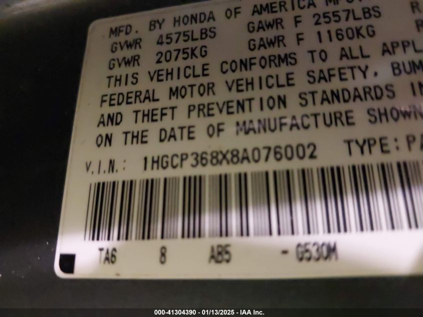 2008 Honda Accord 3.5 Ex-L VIN: 1HGCP368X8A076002 Lot: 41304390
