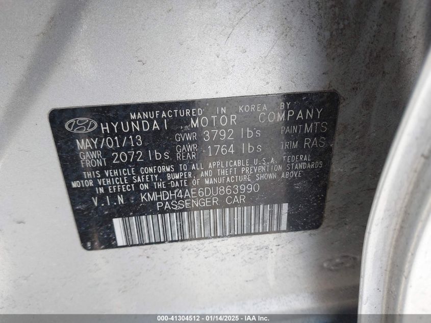 VIN KMHDH4AE6DU863990 2013 Hyundai Elantra, Gls no.9