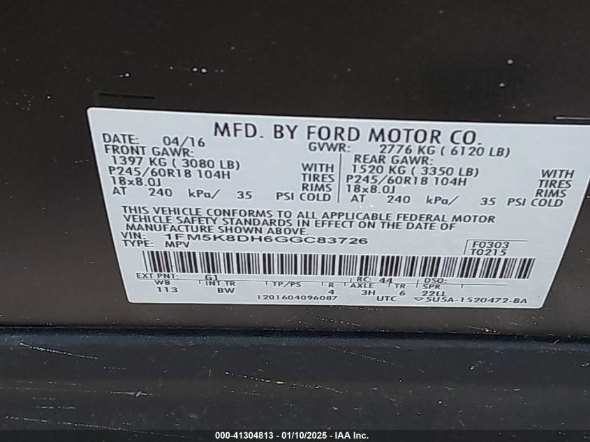 VIN 1FM5K8DH6GGC83726 2016 FORD EXPLORER no.9