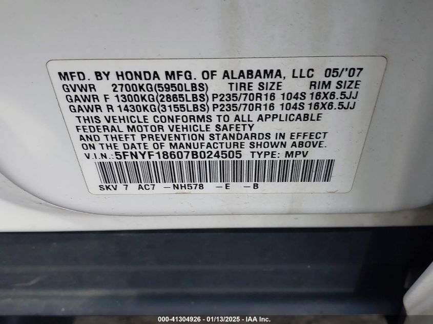2007 Honda Pilot Ex-L VIN: 5FNYF186078024505 Lot: 41304926