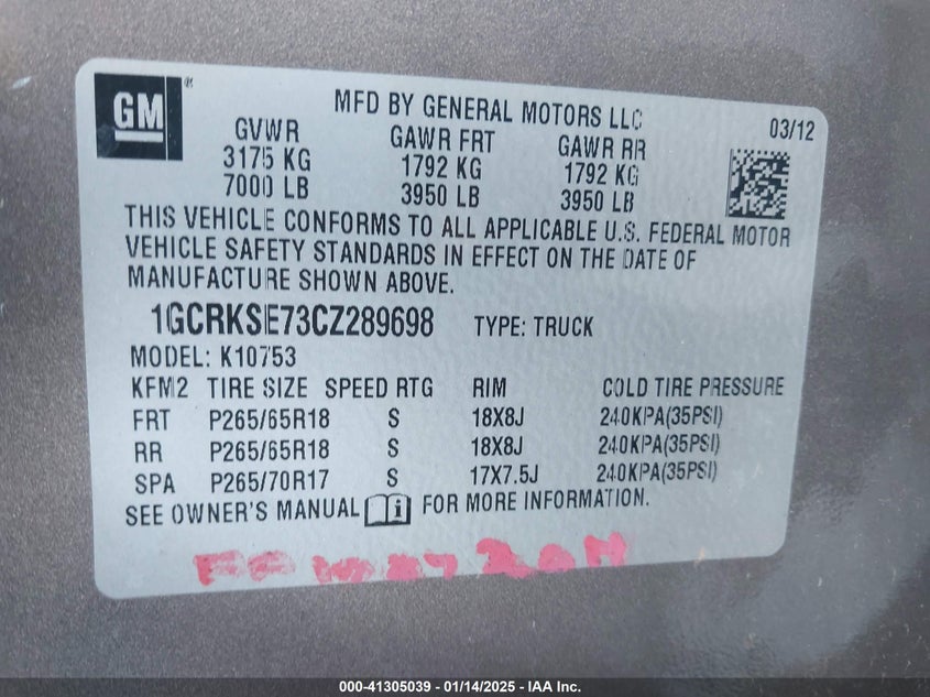 2012 CHEVROLET SILVERADO VIN: 1GCRKSE73CZ289698