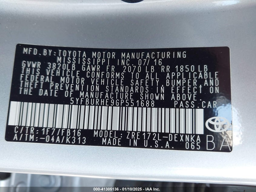 2016 TOYOTA COROLLA VIN: 5YFBURHE9GP551688