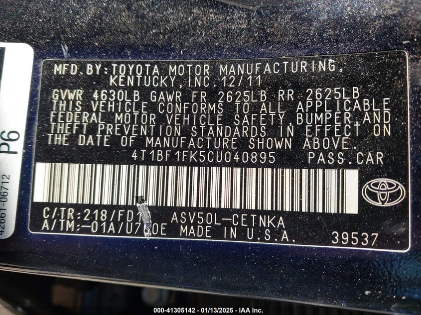 2012 TOYOTA CAMRY VIN: 4T1BF1FK5CU040895