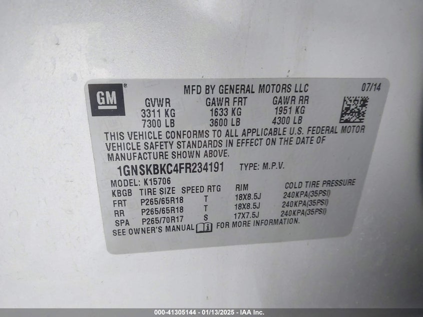 2015 CHEVROLET TAHOE LT - 1GNSKBKC4FR234191