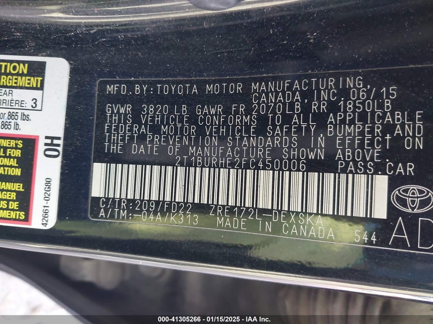 2015 TOYOTA COROLLA S PLUS - 2T1BURHE2FC450006