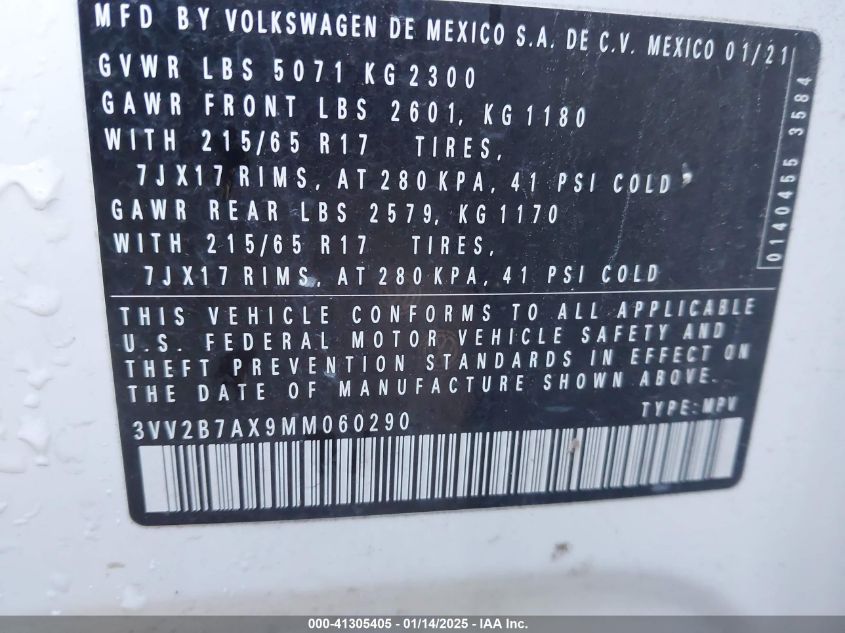 2021 Volkswagen Tiguan 2.0T Se/2.0T Se R-Line Black/2.0T Sel VIN: 3VV2B7AX9MM060290 Lot: 41305405