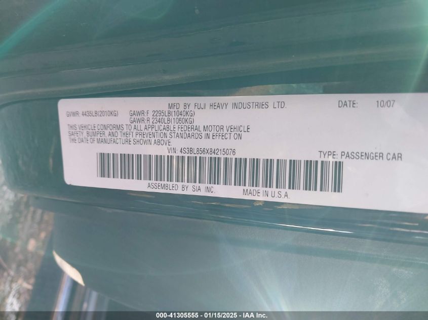 2008 Subaru Legacy 3.0R Limited VIN: 4S3BL856X84215076 Lot: 41305555