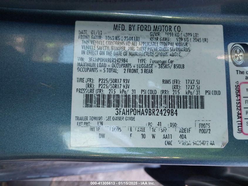 2011 Ford Fusion Se VIN: 3FAHP0HA9BR242984 Lot: 41305613