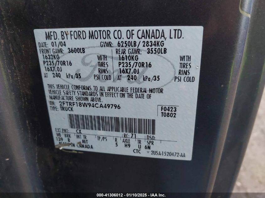 2004 Ford F-150 Heritage Classic VIN: 2FTRF18W94TA49796 Lot: 41306012