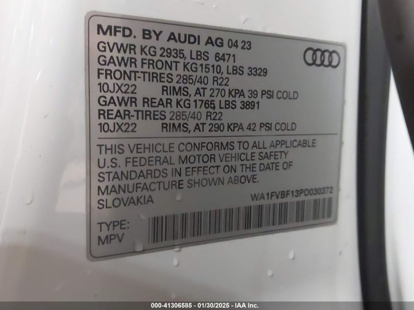 2023 Audi Q8 Prestige 55 Tfsi Quattro Tiptronic VIN: WA1FVBF13PD030372 Lot: 41306585