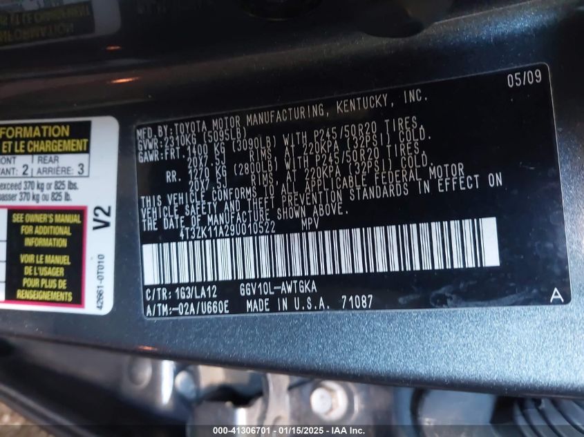 2009 Toyota Venza Base V6 VIN: 4T3ZK11A29U010522 Lot: 41306701