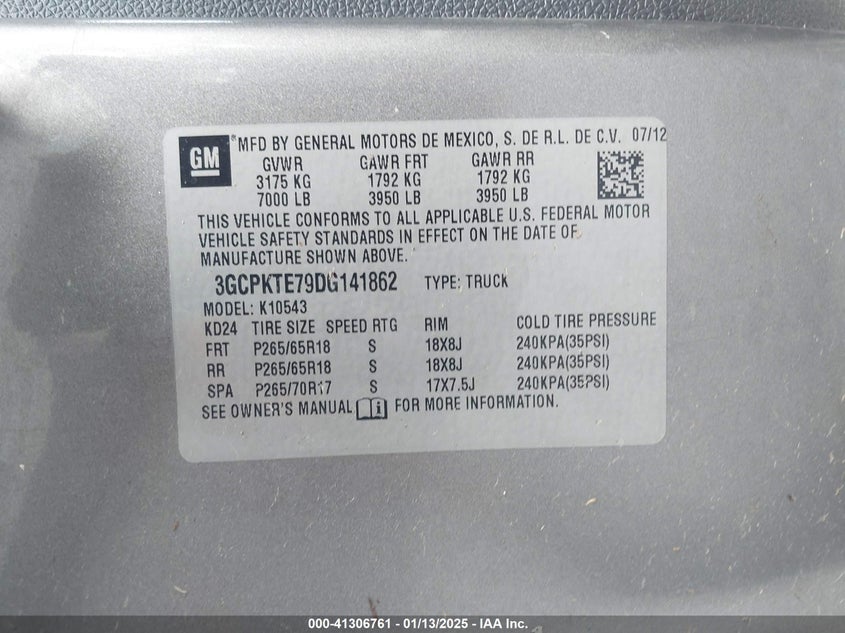 2013 CHEVROLET SILVERADO VIN: 3GCPKTE79DG141862