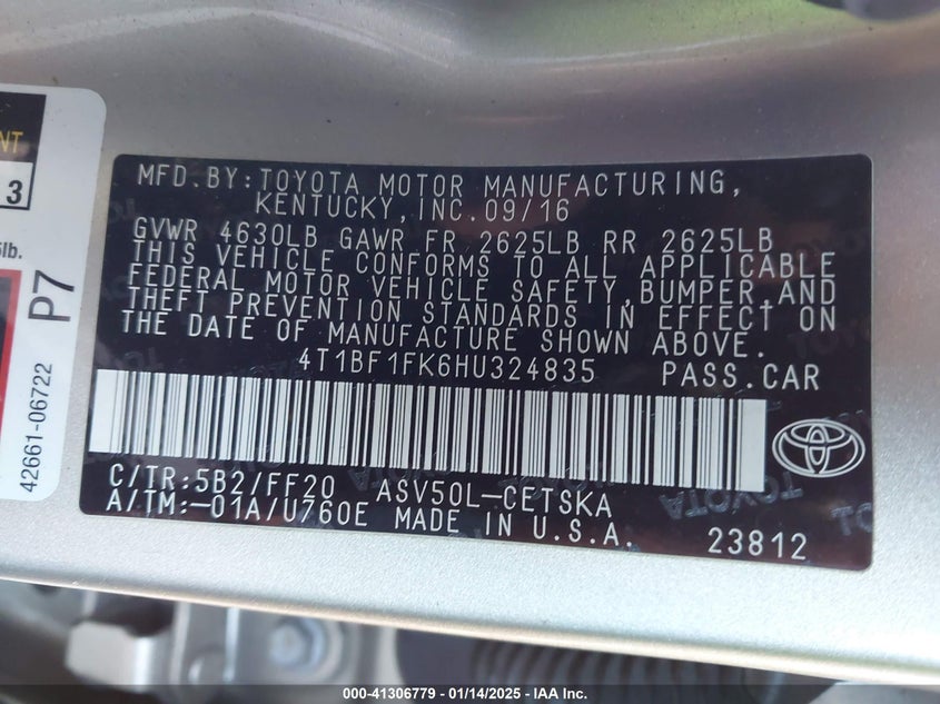 2017 TOYOTA CAMRY VIN: 4T1BF1FK6HU324835