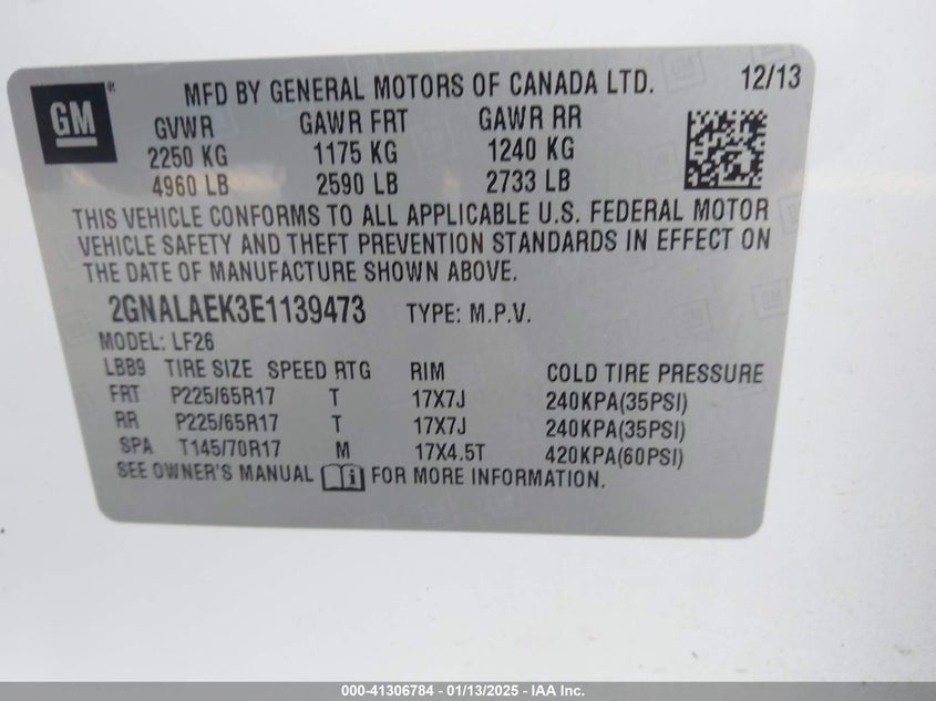 2014 CHEVROLET EQUINOX VIN: 2GNALAEK3E1139473