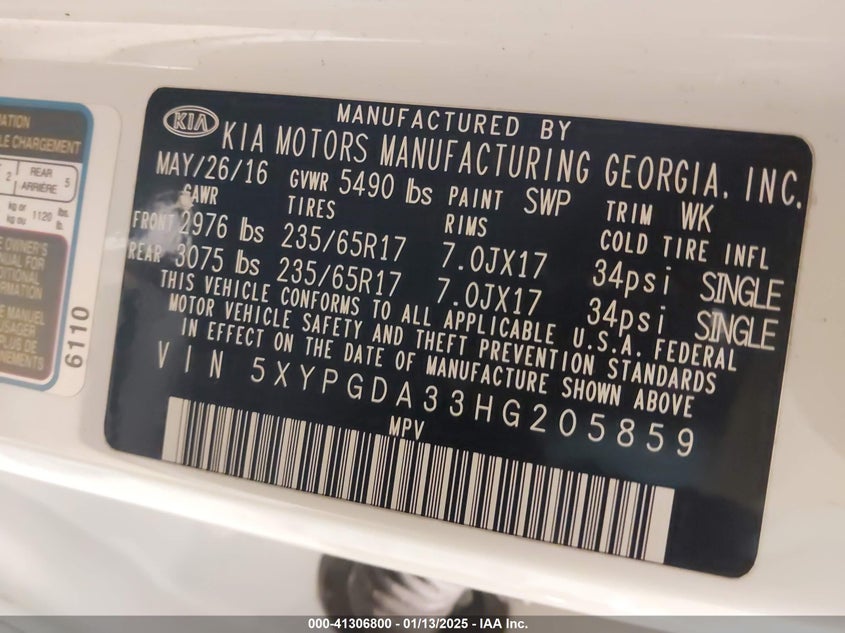 2017 KIA SORENTO VIN: 5XYPGDA33HG205859