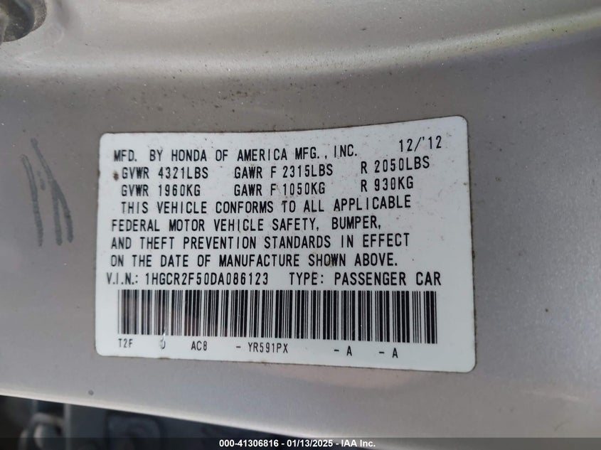 2013 HONDA ACCORD VIN: 1HGCR2F50DA086123
