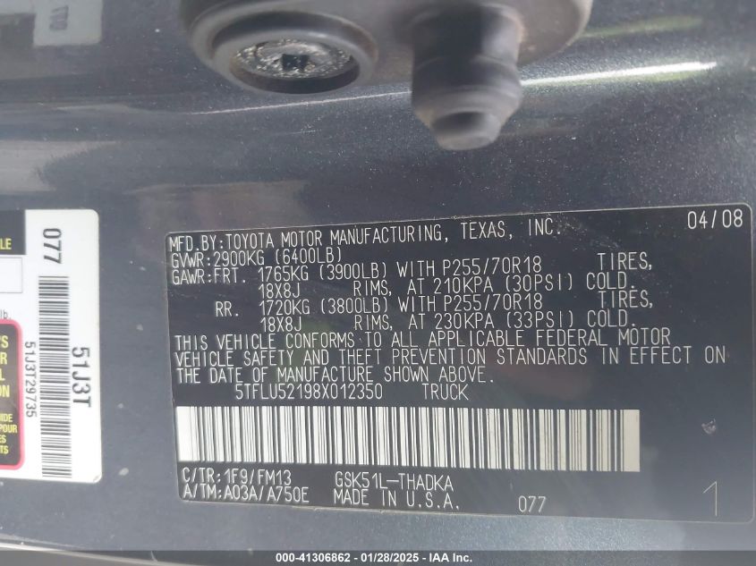 2008 Toyota Tundra Base V6 VIN: 5TFLU52198X012350 Lot: 41306862