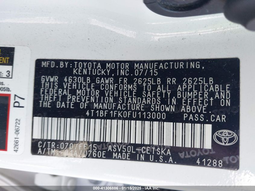 VIN 4T1BF1FK0FU113000 2015 Toyota Camry, SE no.9