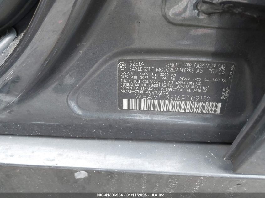 2006 BMW 325I VIN: WBAVB13516PT09132 Lot: 41306934