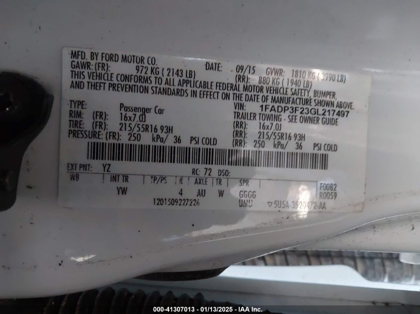 2016 Ford Focus Se VIN: 1FADP3F23GL21749 Lot: 41307013