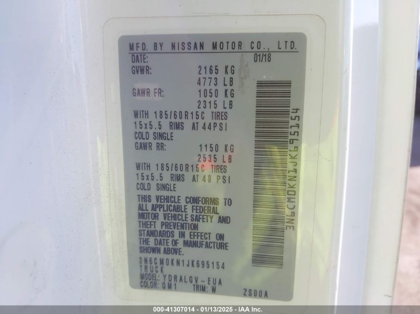 2018 Nissan Nv200 Sv VIN: 3N6CM0KN1JK695154 Lot: 41307014