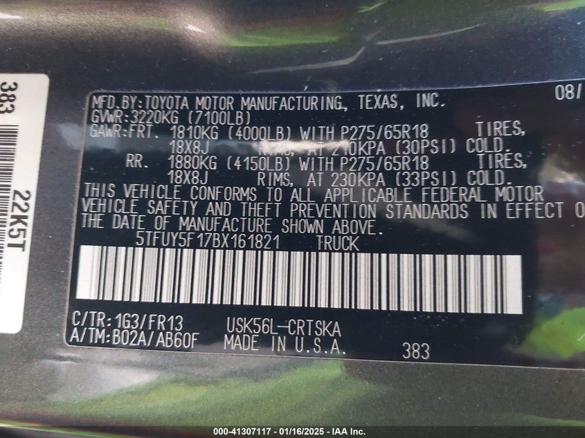 2011 TOYOTA TUNDRA VIN: 5TFUY5F17BX161821