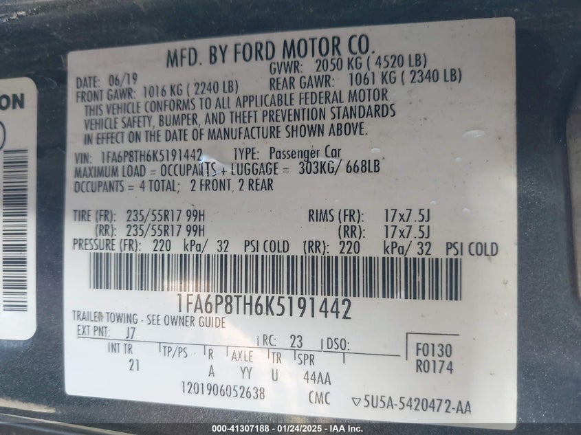 2019 FORD MUSTANG VIN: 1FA6P8TH6K5191442