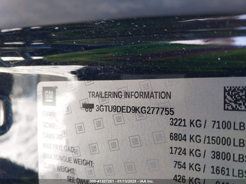 2019 GMC SIERRA 1500 VIN: 3GTU9DED9KG277755
