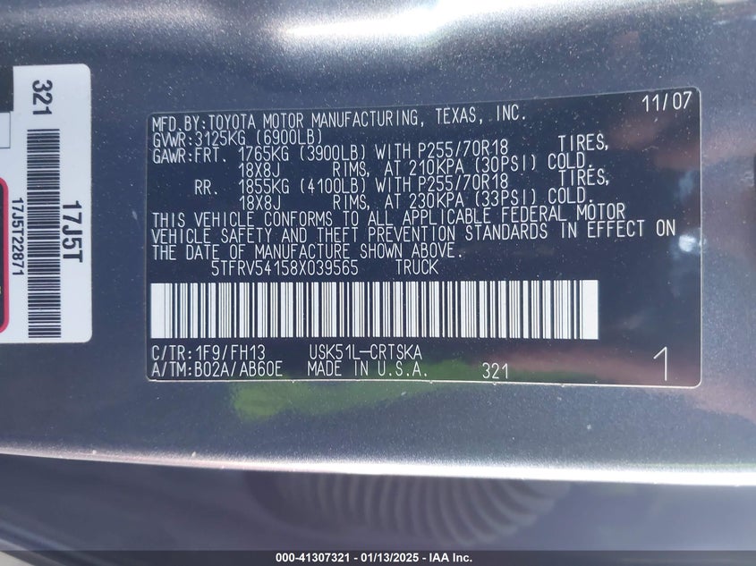 2008 TOYOTA TUNDRA VIN: 5TFRV54158X039565