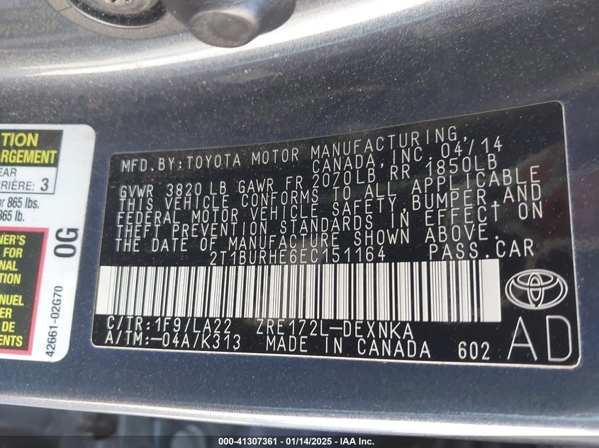 2014 TOYOTA COROLLA L/LE/LE PLS/PRM/S/S PLS - 2T1BURHE6EC151164