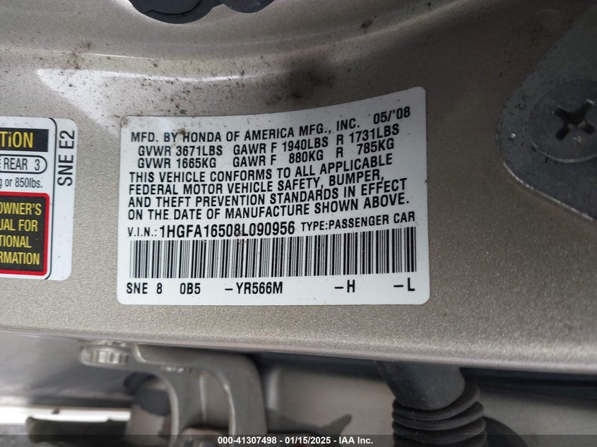 2008 HONDA CIVIC VIN: 1HGFA16508L090956