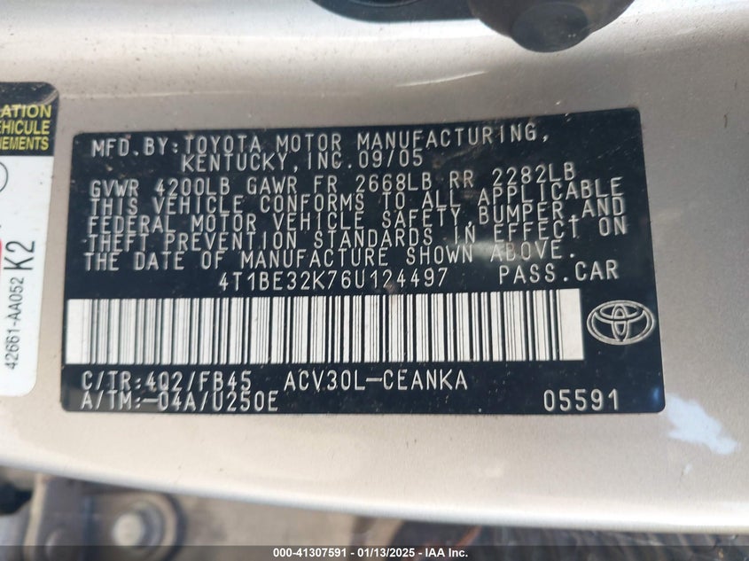 2006 TOYOTA CAMRY VIN: 4T1BE32K76U124497
