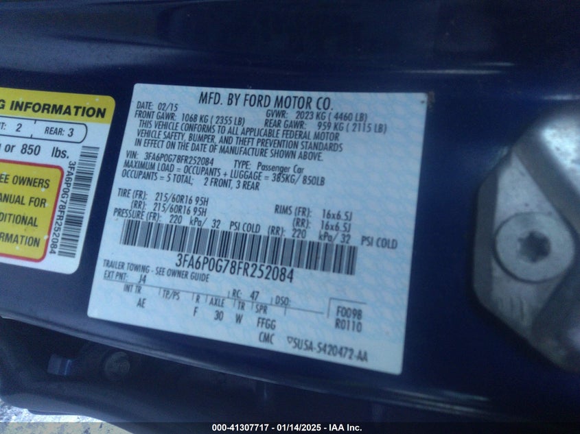 2015 FORD FUSION VIN: 3FA6P0G78FR252084