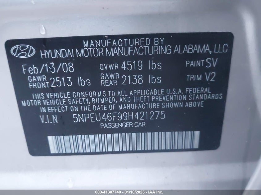 2009 HYUNDAI SONATA VIN: 5NPEU46F99H421275