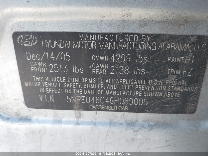 2006 HYUNDAI SONATA VIN: 5NPEU46C46H089005