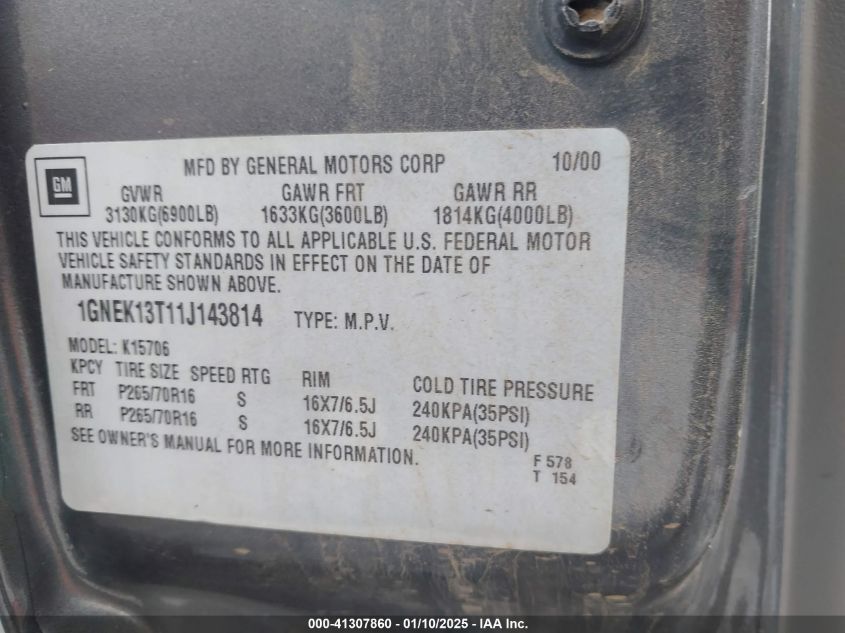 2001 Chevrolet Tahoe Lt VIN: 1GNEK13T11J143814 Lot: 41307860