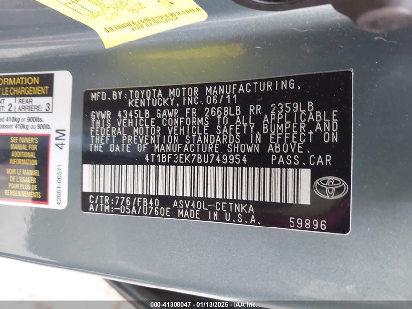 2011 TOYOTA CAMRY VIN: 4T1BF3EK7BU749954