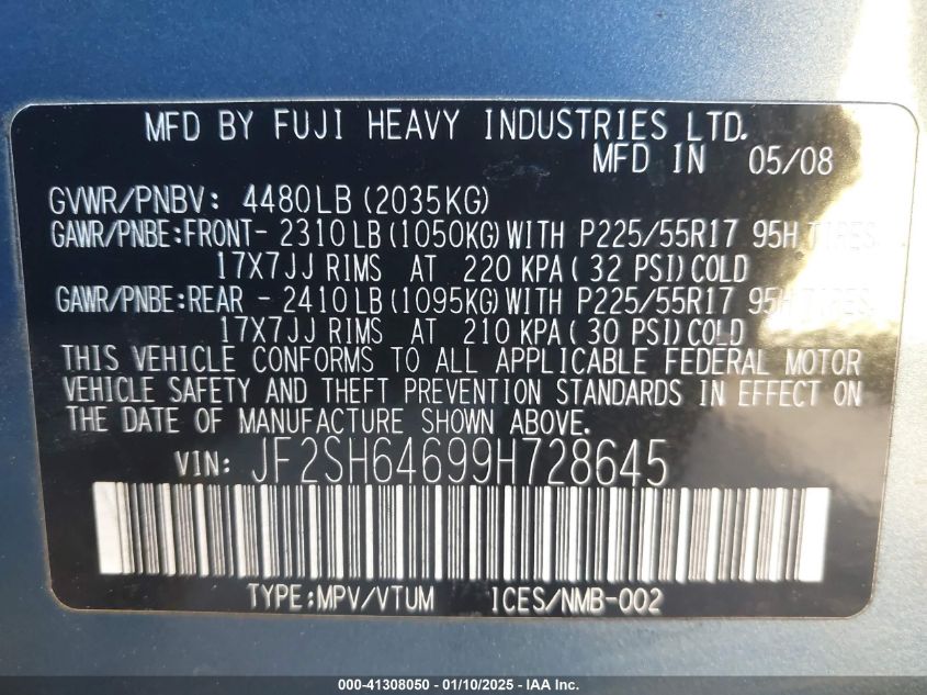 2009 Subaru Forester 2.5X Limited VIN: JF2SH64699H728645 Lot: 41308050