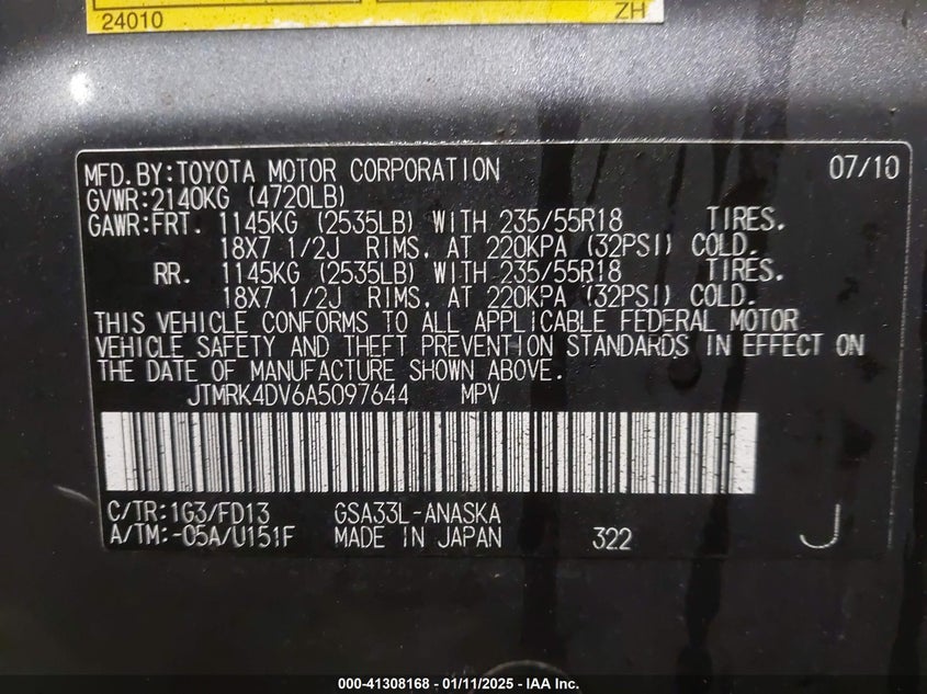 2010 TOYOTA RAV4 VIN: JTMRK4DV6A5097644