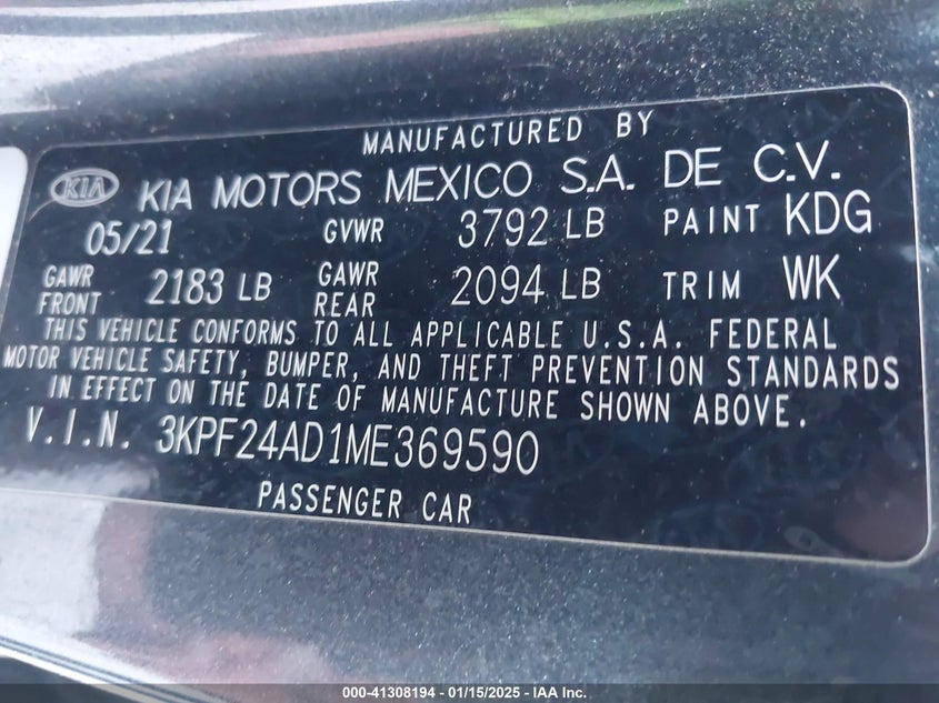 2021 KIA FORTE VIN: 3KPF24AD1ME369590